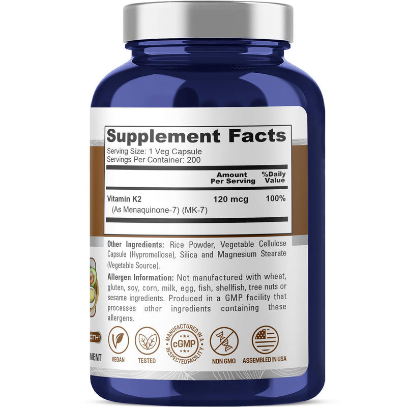 Vitamin K2 MK7, 120 mcg, Non-GMO, Vegan, 200 Veggie Capsules-200 Servings | Plant Based, Soy Free Dietary Supplement Suitable for Adults, Manufactured in the USA in a cGMP registered facility 200 Count (Pack of 1)
