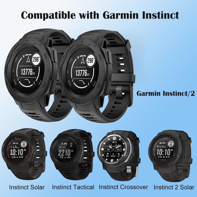 2 Pack Waterproof Band Compatible with Garmin Instinct Watch Bands, 22mm Soft Silicone Replacement Watch Strap for Garmin Instinct 2 / Instinct Esports/Solar/Tactical black+black