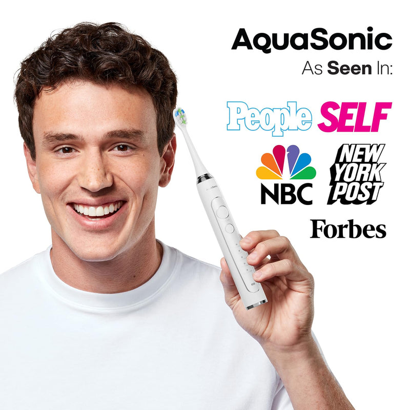 [Australia] - Aquasonic Elite Ultra-Whitening Toothbrush – ADA Accepted Power Toothbrush - 8 Proflex Brush Heads & Travel Case – 50,000 VPM Motor & Wireless Charging - 5 Modes w Smart Timer (White) White 