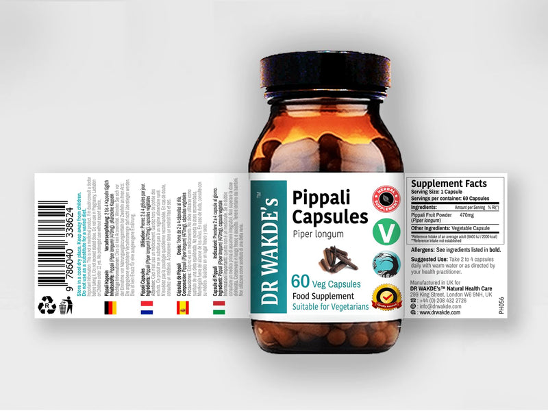 DR WAKDE’S Pippali Capsules (Long Pepper), 60 Veg Caps, Plant-Based Supplement, Made in UK, Vegan, All Natural
