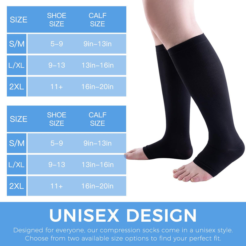 [Australia] - 3 Pairs Open Toe Compression Socks for Men & Women - 15-20 mmhg Knee High Stockings for Circulation Support Large-X-Large 03-b-b-n 
