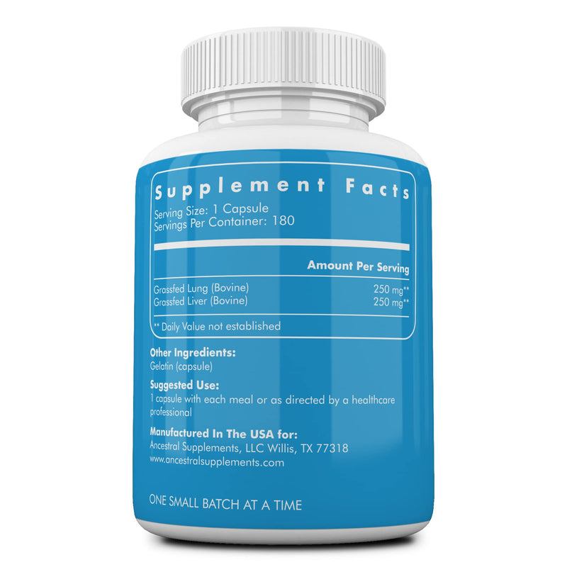 Ancestral Supplements Grass Fed Beef Lung Supplement with Liver, 180 Ct | Lung and liver supplement supports respiratory, vascular and circulatory health in one whole food formula.