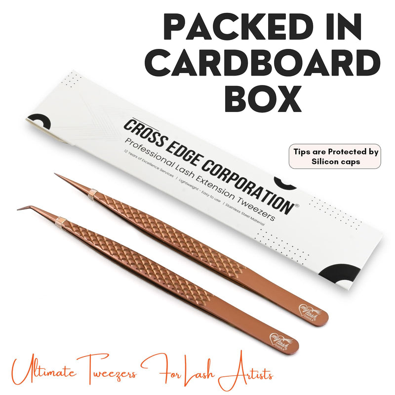 2pcs Curved & Straight Isolation Tweezers for Eyelash Extensions – 14cm Stainless Steel, Copper color Tweezer Set, Best for Classic & Individual Lashes, Professional Pinzas para Pestaña Copper X Tweezers Set