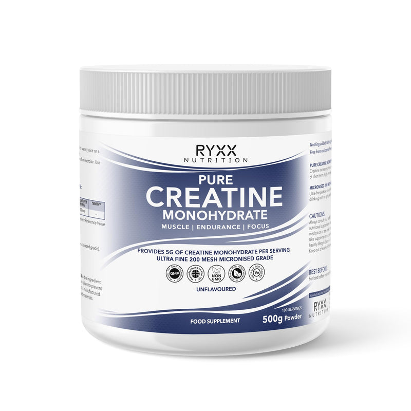 RYXX Pure Creatine Monohydrate 500g | 5g Per Serving | Micronised Unflavoured Creatine Powder for Strength Training, Gym & High Intensity Performance | 100 Servings