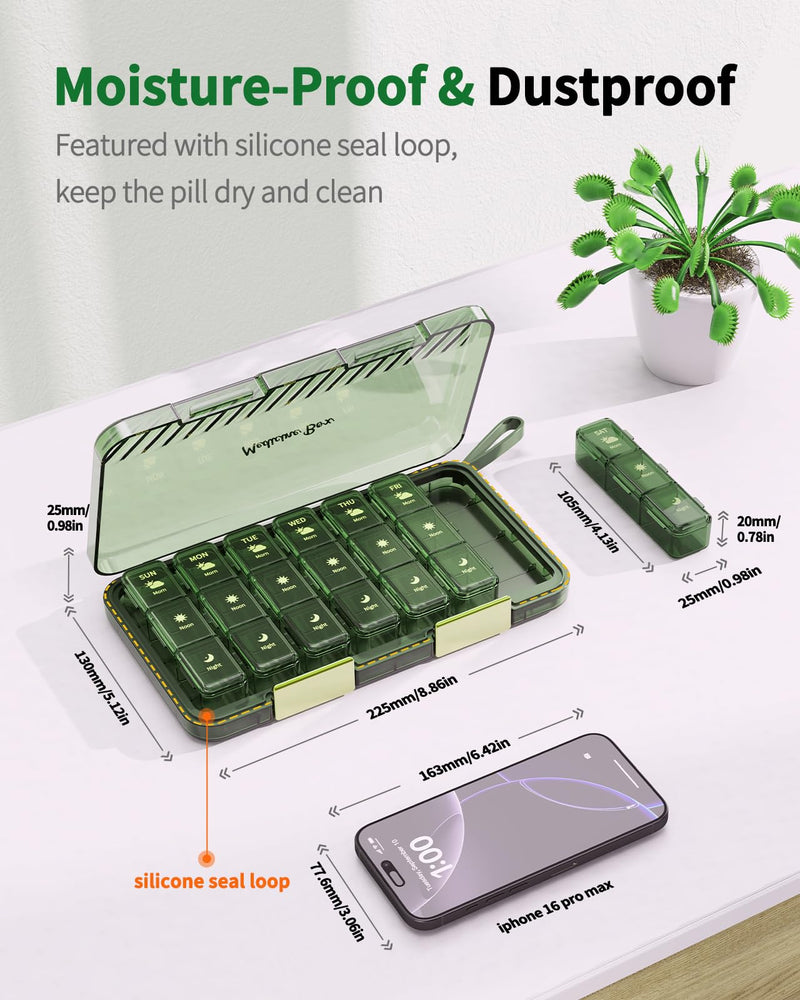 Weekly Pill Organizer 3X a Day, Large 7 Day Pill Box 3 Times a Day with 7 Compartments, Portable Travel Daily Pill Box for Medication, Vitamins, Fish Oil and Supplements, Green Luxury Green