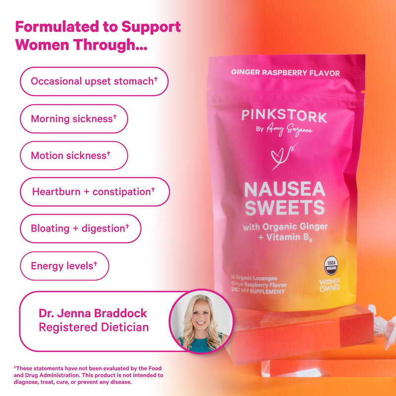 Pink Stork Organic Ginger Raspberry Sweets with Vitamin B6, 30 Candies | Morning Sickness & Motion Sickness, Added Ginger & Vitamin B6, 1st Trimester Pregnancy Must Haves, Wrapped Candies Raspberry Ginger