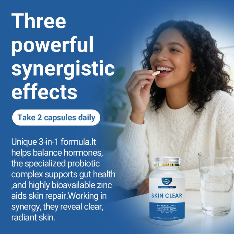 Hormonal Acne Supplement, Clear Skin Supplement with Zinc, Natural D Supplement - Skin Care Vitamins - Hormone Balance, Antioxidants - Gluten Free, Cruelty Free, 60 Capsules