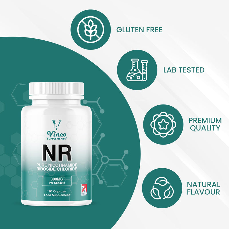 Vinco Nicotinamide Riboside 300mg, 120 Capsules - Ultra High Purity NR - Pure Cellular Energy Booster for Vitality, NAD+ Levels & Metabolic Health - Non-GMO & Gluten Free - Made in The UK