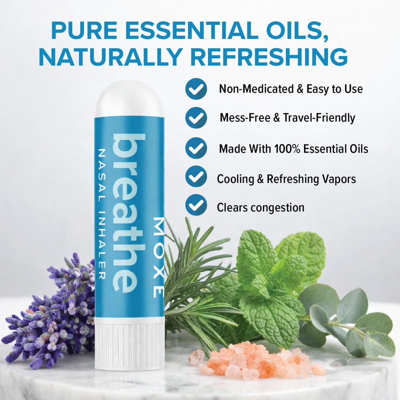 MOXE Breathe | Himalayan Salt Inhaler | Help Clear Congestion, Boost Focus and Improve Breathing | Natural Aromatherapy | Peppermint, Lavender and Tee Tree Essential Oil (6 Pack) 6 Pack