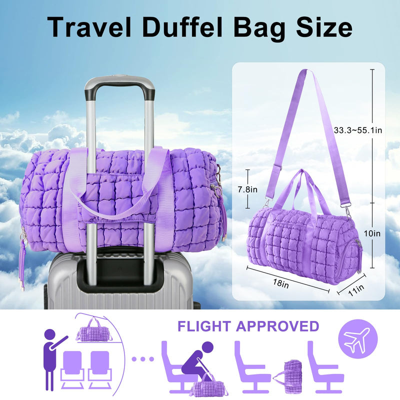 Quilted Travel Duffle Bag Gym Bag for Women,Large Puffer Duffle Weekender Bag with Compartment,Workout Overnight Carry on Organizer Bag Duffle Bag for Airplane Travel(Purple) Purple Medium