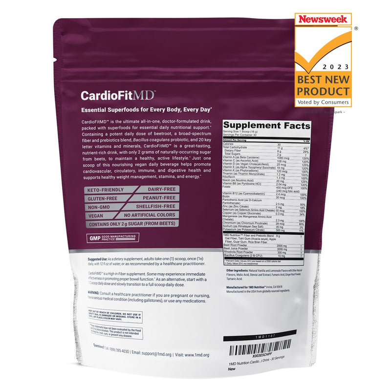 [Australia] - 1MD Nutrition CardioFitMD - Vegan Beets Superfood Keto-Friendly Heart Health Powder - High Fiber Nutritional Supplement Drink - 30 Servings 30 Servings (Pack of 1) 