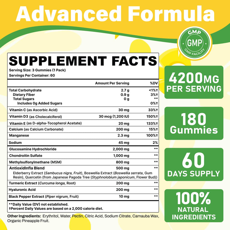 [Australia] - Glucosamine Chondroitin Gummies, 4200mg Extra Strength Joint Supplements Glucosamine Chondroitin with MSM & Elderberry for Joint Health, Flexibility, Immune Support for Adults, Men & Women, 180 Count 180 Count (Pack of 1) 