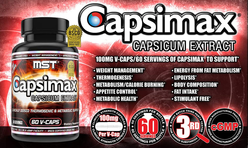 [Australia] - MST Capsimax Supplement 100mg V Capsules, 60 Servings Clinically Dosed Weight Management, Thermogenic, Appetite Control, Calorie Burning, Metabolic Health, Stimulant Free. BSCG Certified 