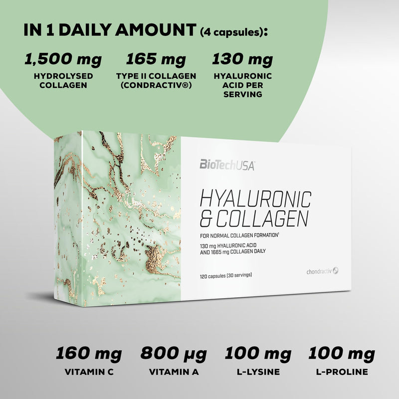 BioTechUSA Hyaluronic&Collagen, Food Supplement Capsules containing Collagen, hyaluronic Acid, Vitamins and Amino acids, 120 caps 120 count (Pack of 1)