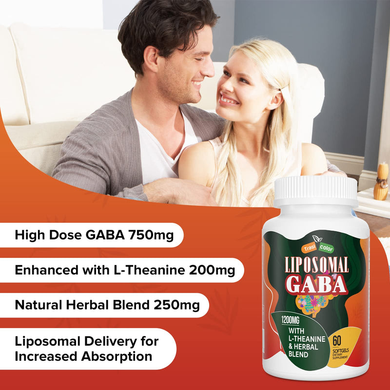 Liposomal GABA with L-Theanine Supplements 1200mg - High Absorption GABA Complex with Ashwagandha, Chamomile, Tart Cherry Herbal Supplements for Men and Women, 60 Softgels 60 Count (Pack of 1)