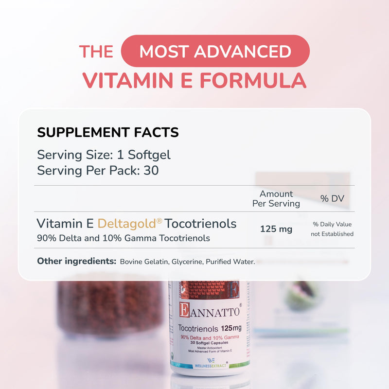 WELLNESS EXTRACT Eannatto Tocotrienols Vitamin E Supplements Tocopherol Free, Non-GMO, Gluten Free & Antioxidant (125MG 30 Softgels) 125 MG 30 Softgels