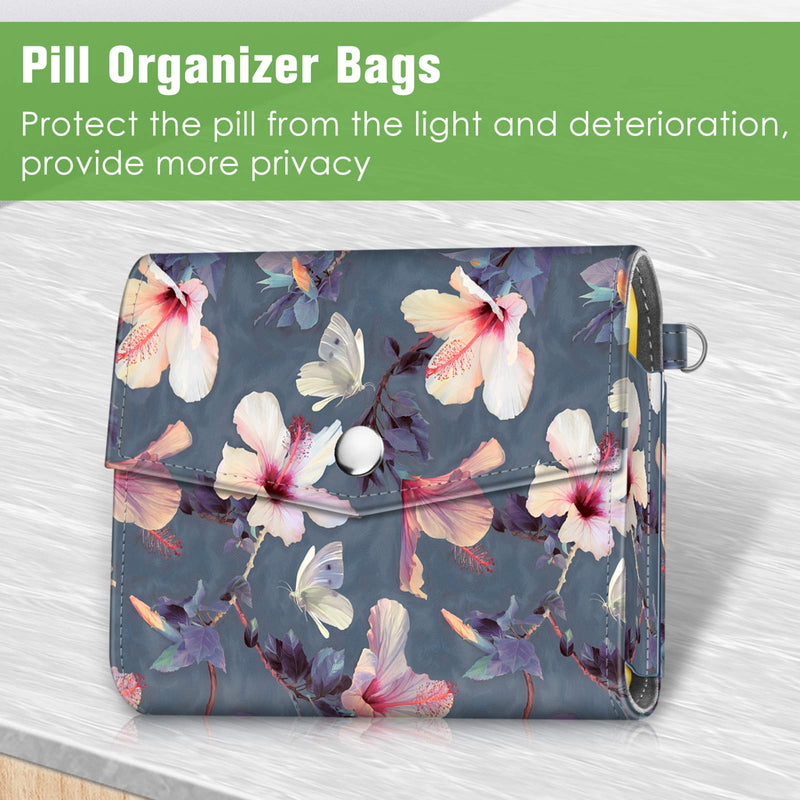 FINPAC Weekly Pill Organizers 4 Times A Day, Slide Open PU Leather Case | Travel Pill Vitamin Medicine Reminder and Planner with Name Card for Morning Afternoon Evening Bedtime, Blooming Hibiscus