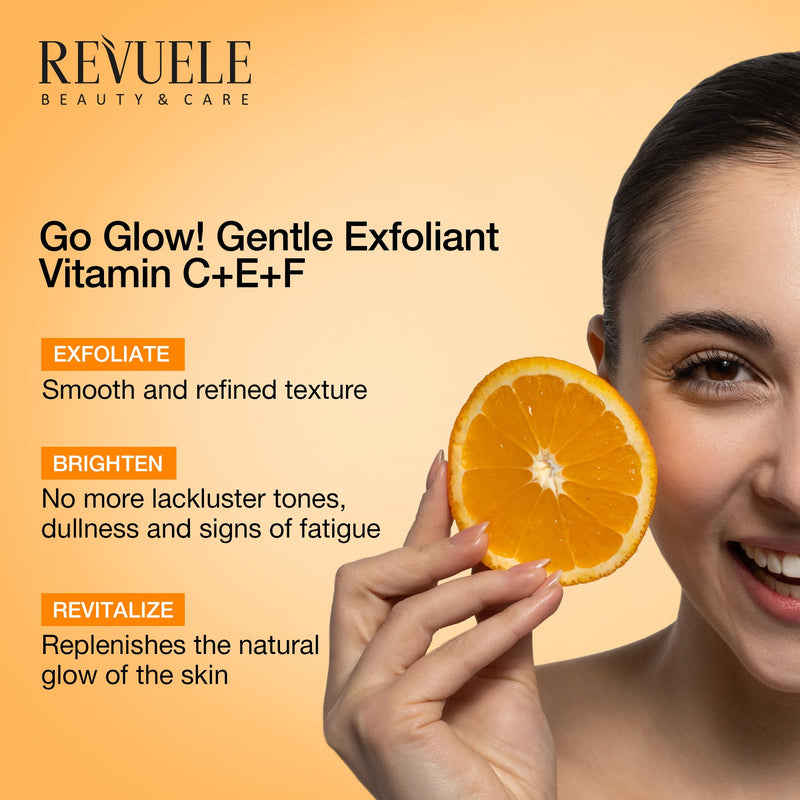 Revuele Go Glow! Gentle Exfoliant 2.7 fl.oz – Brightening & Hydrating Daily Face Gel Polish with Vitamins C, E & F – Smooth, Radiant Skin