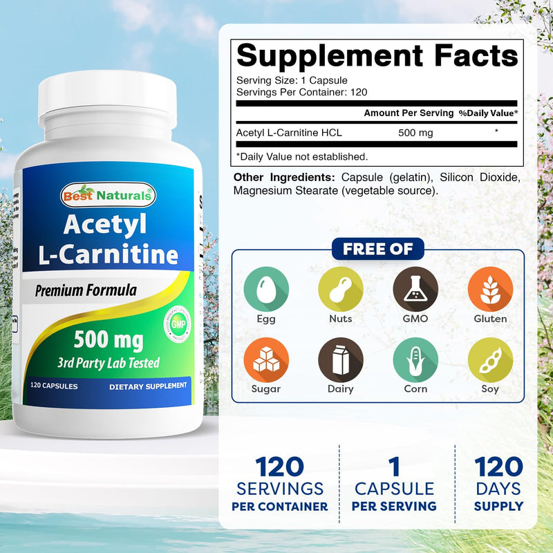 Best Naturals Acetyl L-Carnitine (ALCAR) 500mg, 120 Capsules, 120 Servings - Non-GMO and Gluten Free, 1 Capsule per Serving (2 Pack) 120 Count (Pack of 2)