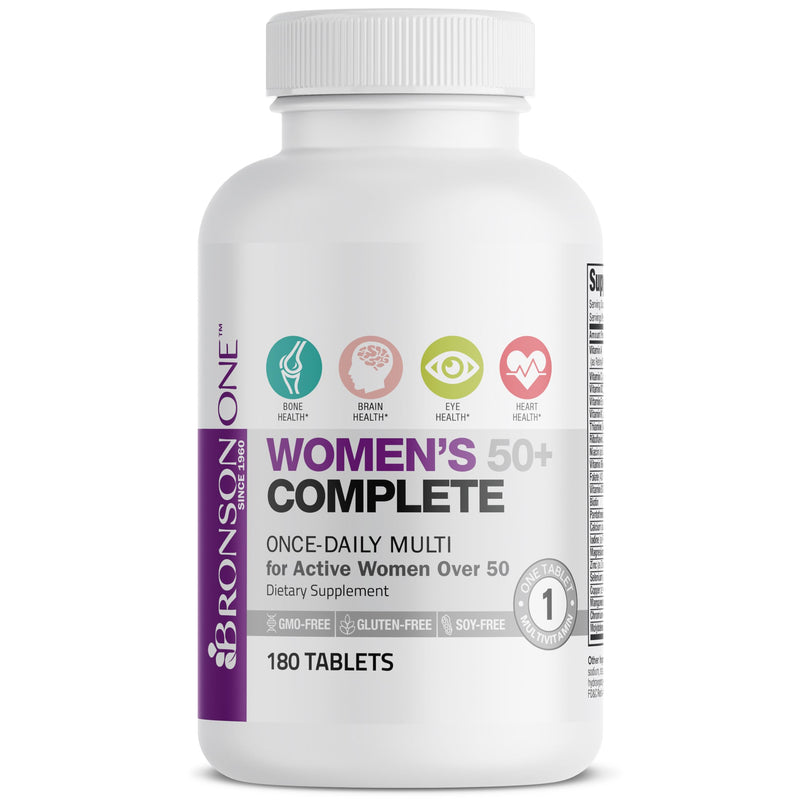 Bronson ONE Daily Women 50+ Complete Multivitamin Multimineral, 180 Tablets | Once-Daily, Targeted Nutrition For Active Women Over 50, Non-GMO, Gluten-Free, Soy-Free 180 Count (Pack of 1)