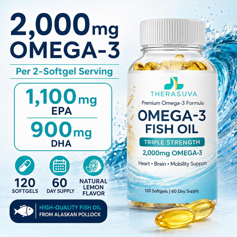 Triple Strength Wild Alaskan Fish Oil, Omega-3, EPA 1100mg + DHA 900mg, Supplement for Heart, Brain & Mobility Health, 2 Month Supply, 120 Veggie Softgels