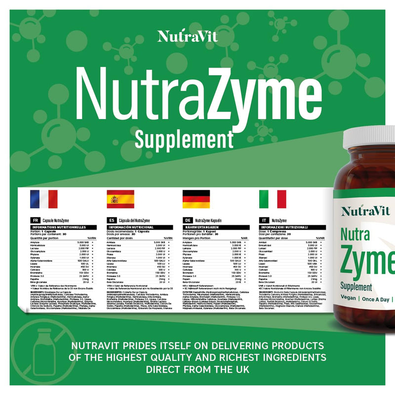 NutraZyme - Digestive Enzyme Complex - 13 Broad Spectrum Enzymes Including Amylase, Protease, Lipase & Bromelain, with Lactase for Lactose Intolerance - NutraVit, 30 Capsules