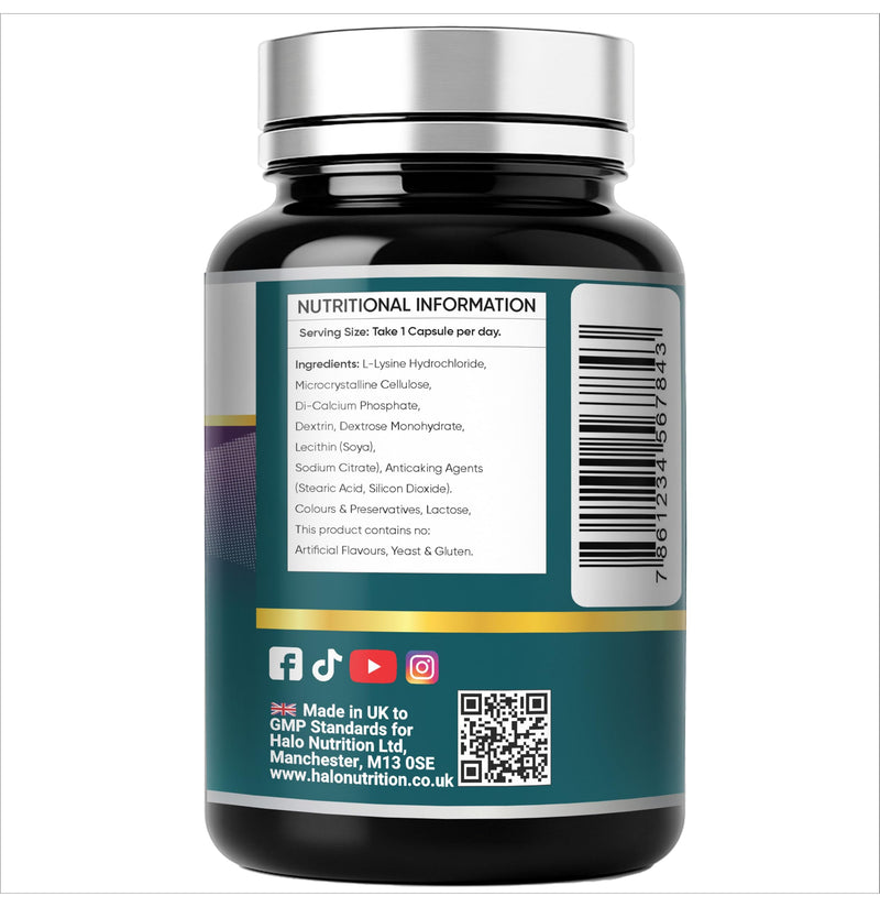 L-Lysine 1000MG Capsules,120 Servings –Essential Amino Acid – Vegan Capsule Made with no Gelling Agents– Non-GMO, Gluten-Free, Kosher,Halal (120 Count) Normal Growth & Muscle | UK Made