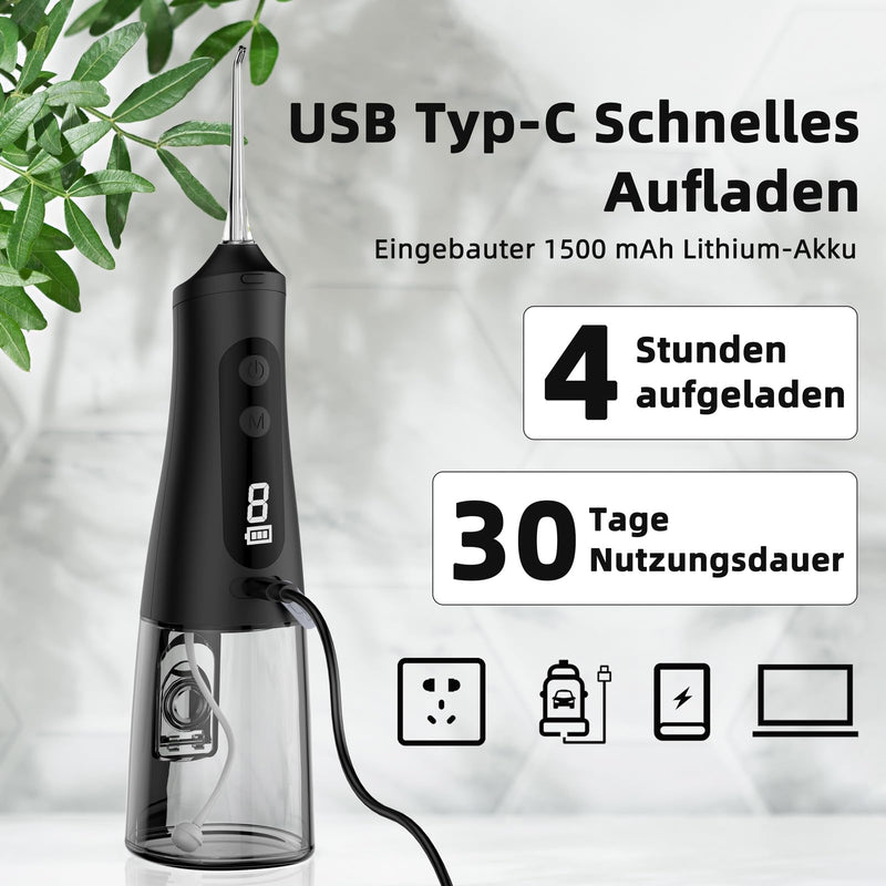 [Australia] - Powerful Oral Irrigator 9 Modes & 4 Nozzles Wireless Oral Irrigator IPX7 Waterproof Water Flosser 350ML Removable Water Tank for Home & Travel Black 