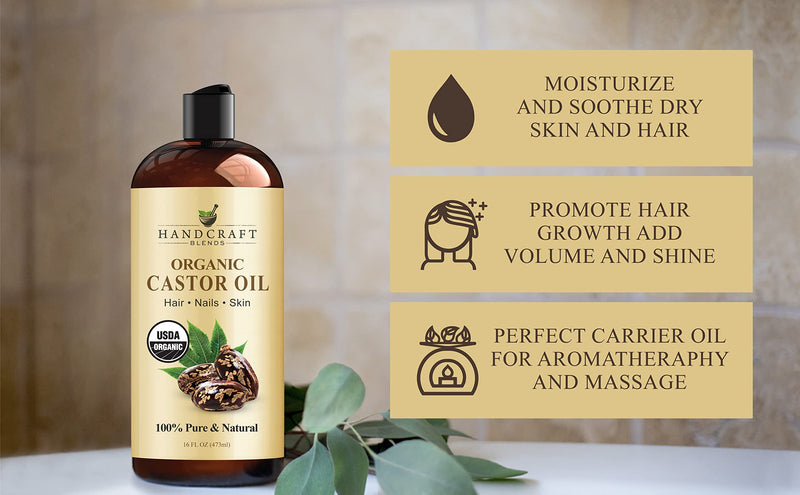 [Australia] - Handcraft Blends Organic Castor Oil - 16 Fl Oz - 100% Pure and Natural - Premium Grade Oil for Hair Growth, Eyelashes and Eyebrows - Carrier Oil - Hair and Body Oil - Expeller-Pressed and Hexane-Free Organic Castor 16 Fl Oz (Pack of 1) 