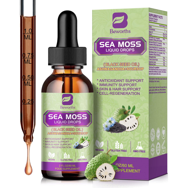 [Australia] - Sea Moss Liquid Drops - Irish Sea Moss & Black Seed Oil with Ashwagandha, Soursop Bitters, Elderberry, Burdock Root, Bladderwrack, Seamoss Supplement Support Antioxidant, Immune, Gut Health 2 Fl Oz (Pack of 1) 
