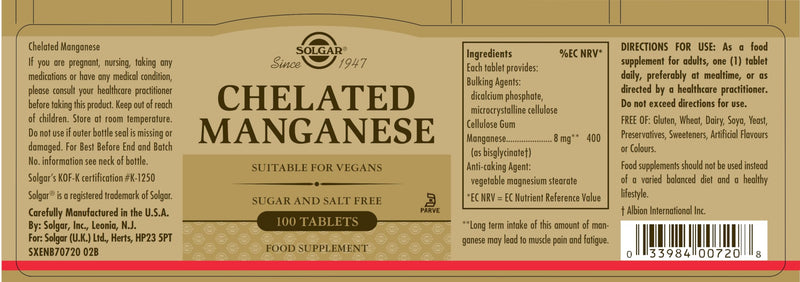 Solgar Chelated Manganese, 100 Tablets - Supports Bone, Joint & Nerve Health - Highly Absorbable - Non-GMO, Vegan, Gluten Free, Dairy Free, Kosher - 100 Servings 1