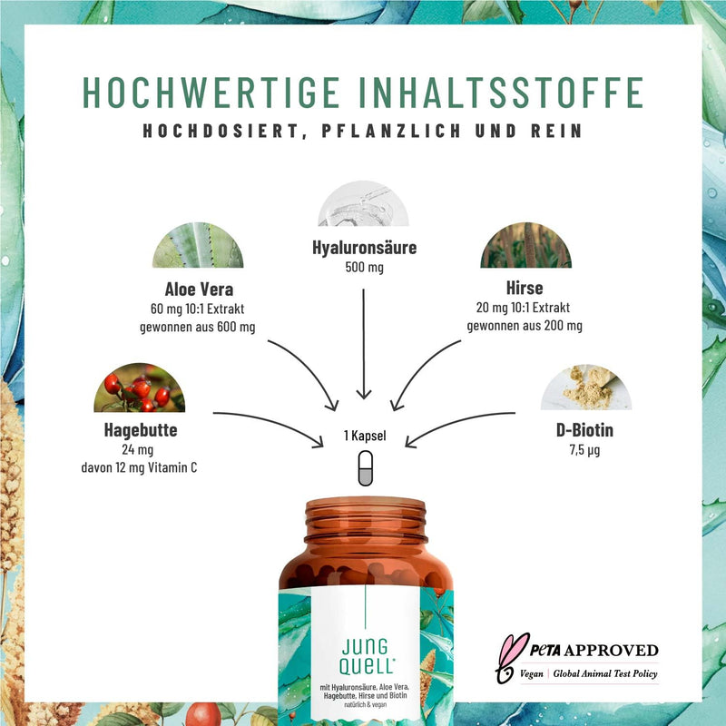 [Australia] - NATURTREU® Hyaluron capsules with 500 mg hyaluronic acid in high doses with aloe vera, biotin & vitamin C - 90 capsules for skin* and joints** - Natural and vegan 