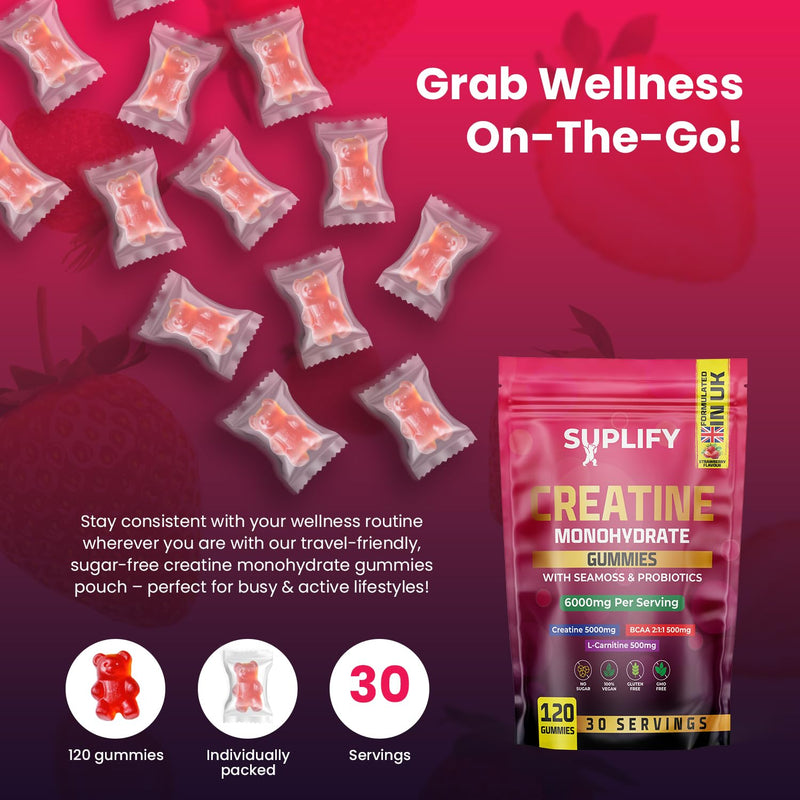 Creatine Monohydrate Gummies – 5000mg High-Potency | 120 Vegan Sugar-Free Gummies with BCAAs, L-Carnitine, Seamoss & Probiotics | 1 Month Supply | Pre-Workout Muscle Builder | Strawberry