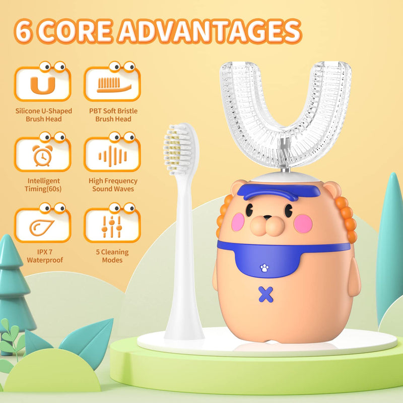 RexCodar Kids Electric Toothbrushes, U Shaped Ultrasonic Toothbrush, Rechargeable Full Mouth Kids Toothbrush with 4 Brush Heads, IPX7 Waterproof, Five Smart Modes, 60S Smart Reminder(Ages 2-6) Brown 2-6 Age