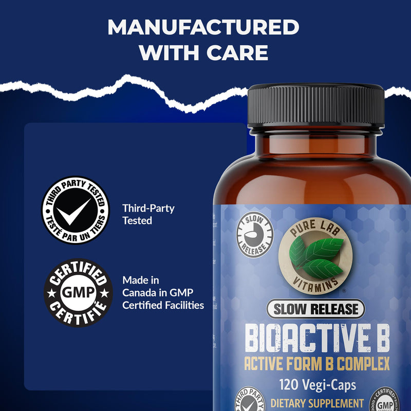 Pure Lab Vitamins Slow Release BioActive B Complex | 120 Vegi-Caps | Slow release formula, methylated B vitamins, Vegan, third-party tested
