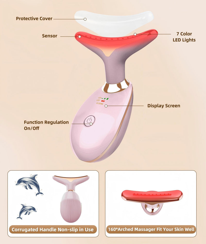 [Australia] - 7 Color Face and Neck Massager Light Therapy, Red Light Based Facial Massager for Skin Care, Firming, Smoothing (Pink) Bright Pink 