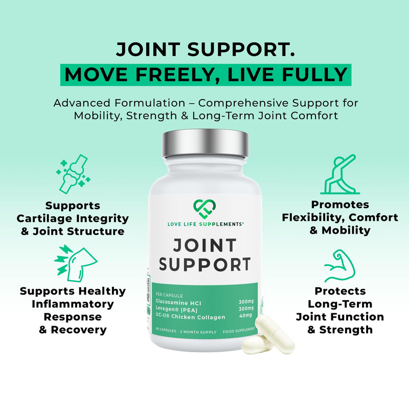 Joint Support Supplement by LLS, UC-II® Collagen, Levagen®, Hyaluronic Acid, Vitamin C, Joint Care & Pain Relief for Men & Women, Knee & Hip Mobility, 2 Month Supply, 60 Capsules, UK Made