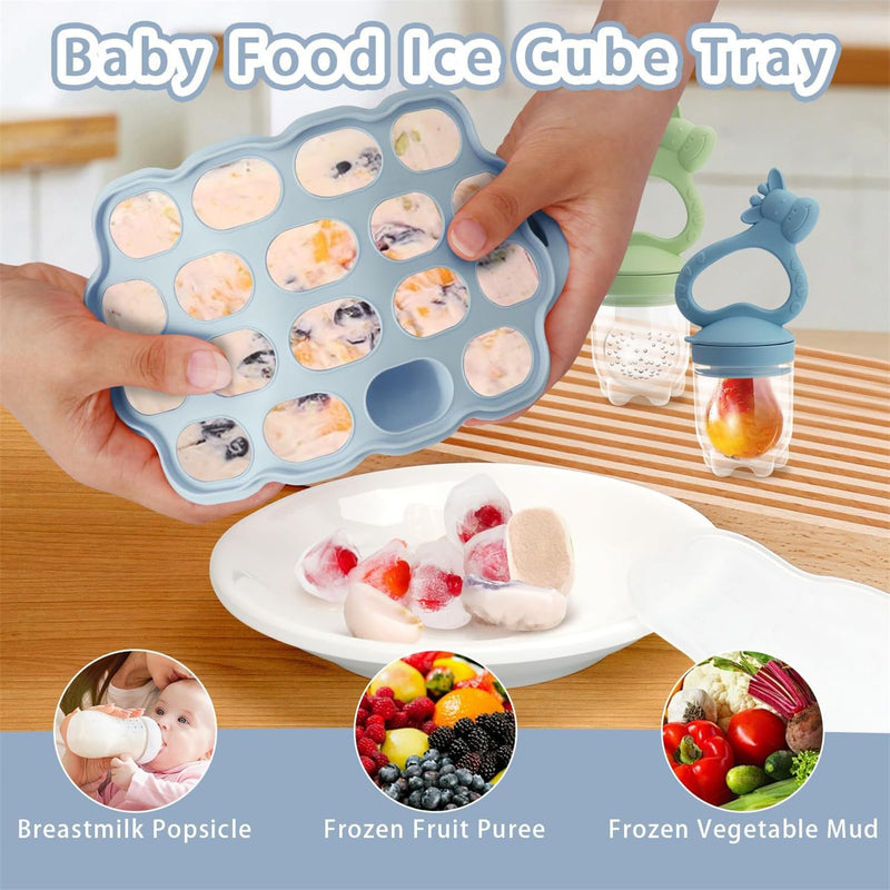 Baby Fruit Food Feeder Breastmilk Popsicle Molds for Teething Relief, Introduce New Foods, Silicone Freezer Tray with Lid, includes 6 Food Pacifiers (Blue & Cyan) Blue & Cyan