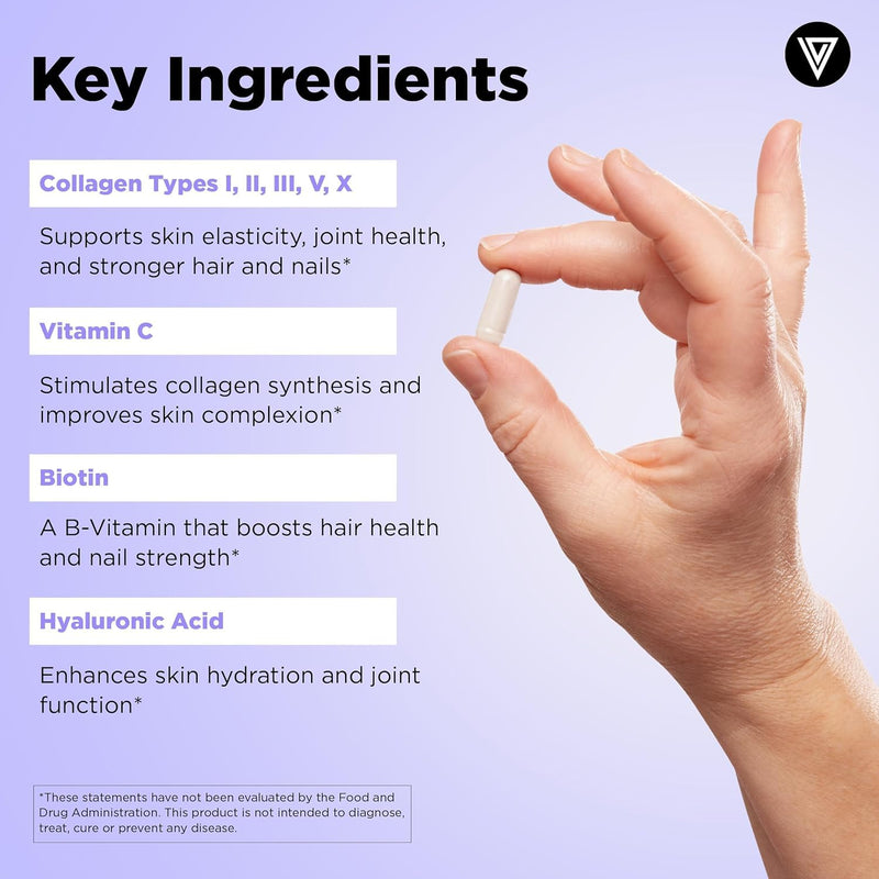 Vital Vitamins Multi Collagen Complex Plus Biotin, Hyaluronic Acid & VIT. C | Hair, Skin, & Nails Supplements for Women and Men, 5 Collagen Types I II III V & X, 150 Capsules (2-Pack) 150 Count (Pack of 2)