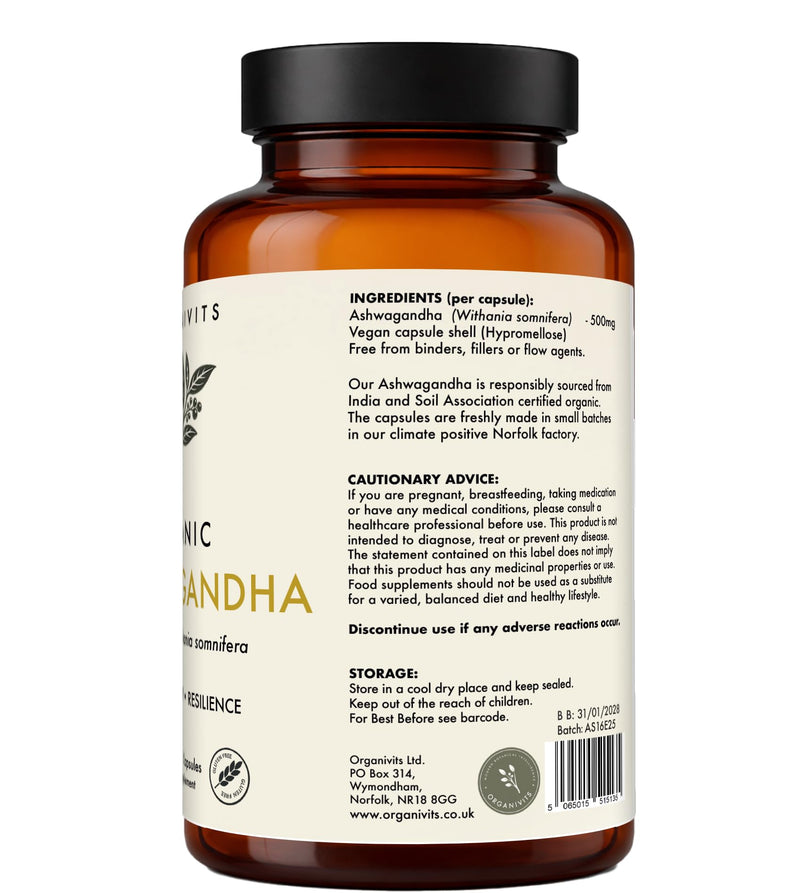 Organic Ashwagandha Capsules | Pure Withania Somnifera Root | 60 Vegan Capsules | Balance, Calm & Resilience | No Fillers or Flow Agents | Soil Association Certified