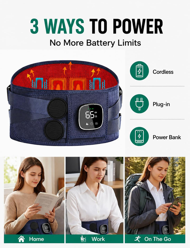 Cordless Heating Pad for Back with Massager, Wearable Portable Lower Back | 3-Way Power, 3 Heat, 5 Vibration, 3 Timers, Extension Strap and Back Brace; for Home, Office or Travel; Gifts for Women & Men