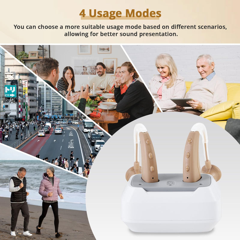 Digital Rechargeable Sound Device for Adults, Behind the Ear, with Noise Reduction, 4 Modes, Adjustable Volume, Beige Camel 2