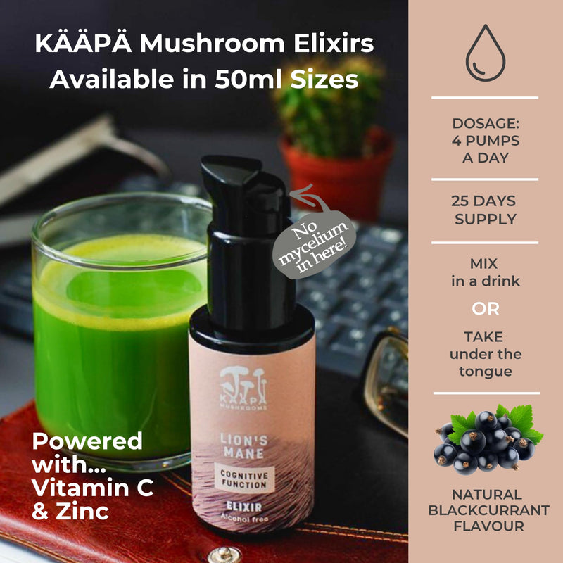 Lion's Mane Mushroom Elixir - Lions Mane Extract + Zinc + Vitamin C - Potent Ultrasonic Extraction | Mushroom Supplement for Focus, Brain & Memory | Grown in Finland - 50ml LIONS MANE ELIXIR 50ml