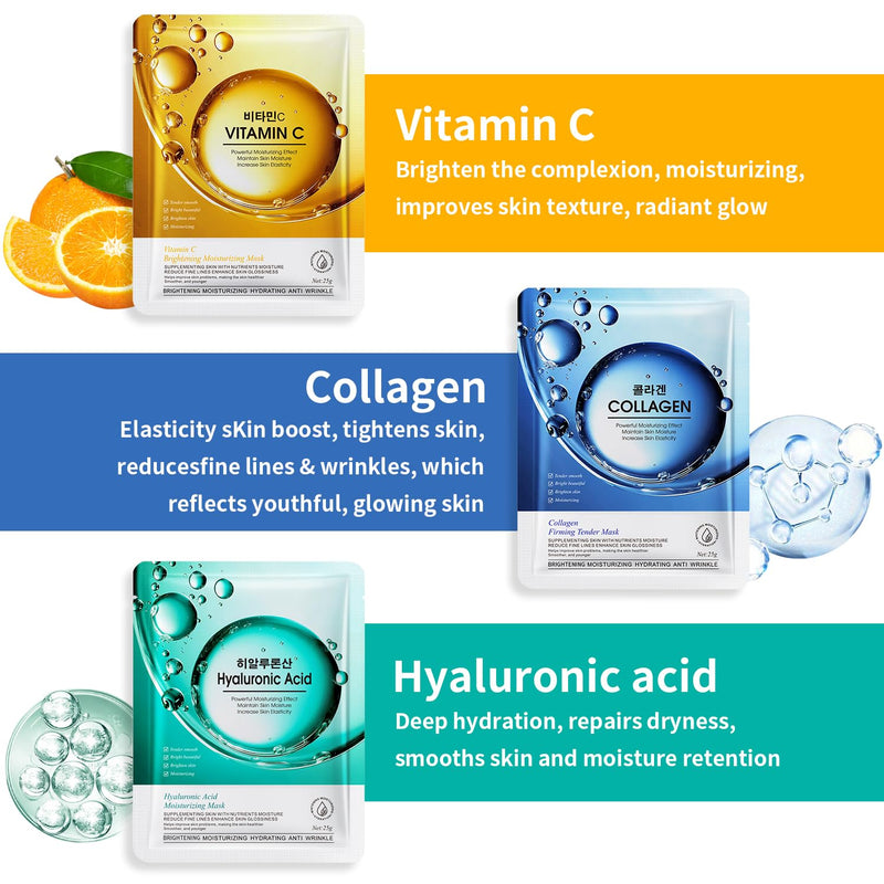 12 Pack Sheet Face Masks Skincare, Mothers Day Gifts, Collagen Face Mask Hyaluronic Acid Hydrating Face Sheet Masks, Vitamin C Face Masks for All Skin Types, Moisturizing, Brightening, Anti-Aging 11 Count (Pack of 1)