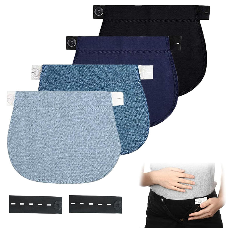 [Australia] - Pack of 4 Trousers Extensions Pregnancy Trousers Waistband Extension Trousers Extension for Pregnant Women Trousers Button Extension with 2 Elastic Waist Extensions (Black, Blue, Light Blue, Dark Blue) 