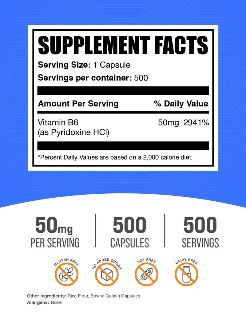BulkSupplements.com Vitamin B6 Capsules - Pyridoxine HCl, Vitamin B6 50mg - 1 Capsule per Serving, 500 Capsules (Pack of 1)