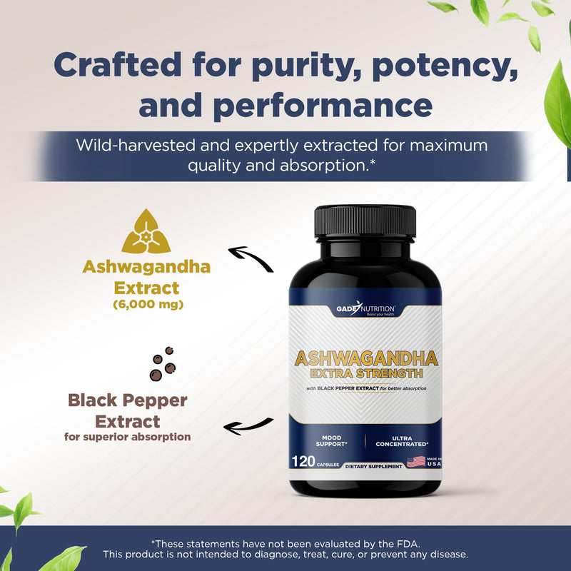 Gade Nutrition Ashwagandha Supplements - Extra Strength, ashwagandha Powder Capsules with Black Pepper, Natural Mood, Focus, and Energy Support Supplement, 120 Veggie Capsules, USA Made 120 Count (Pack of 1)