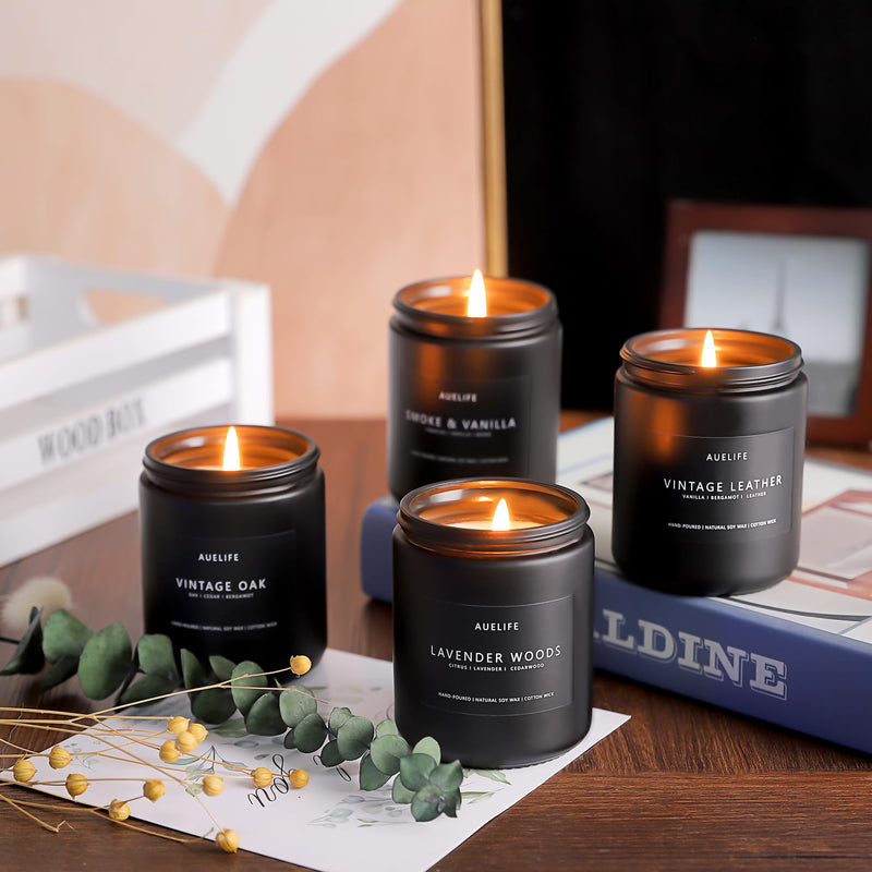 [Australia] - Scented Candles Set | Men Candle Set, Scented Candles for Home, Gifts for Men - 4 Pack Men Candle Gifts Soy Candles Scents of Lavender/Leather/Oak/Smoke & Vanilla Pack of 4 