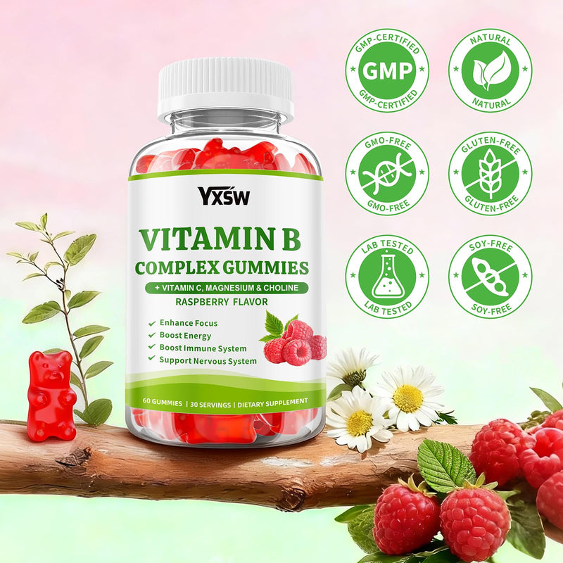 Vitamin B Complex Gummies for Women & Men - Vitamin B12, B1, B2, B3, B5 & B6 -B Complex Vitamin Supplements with Vitamin C,Magnesium & Choline, Raspberry Flavor, 60 Count 60 Count (Pack of 1)