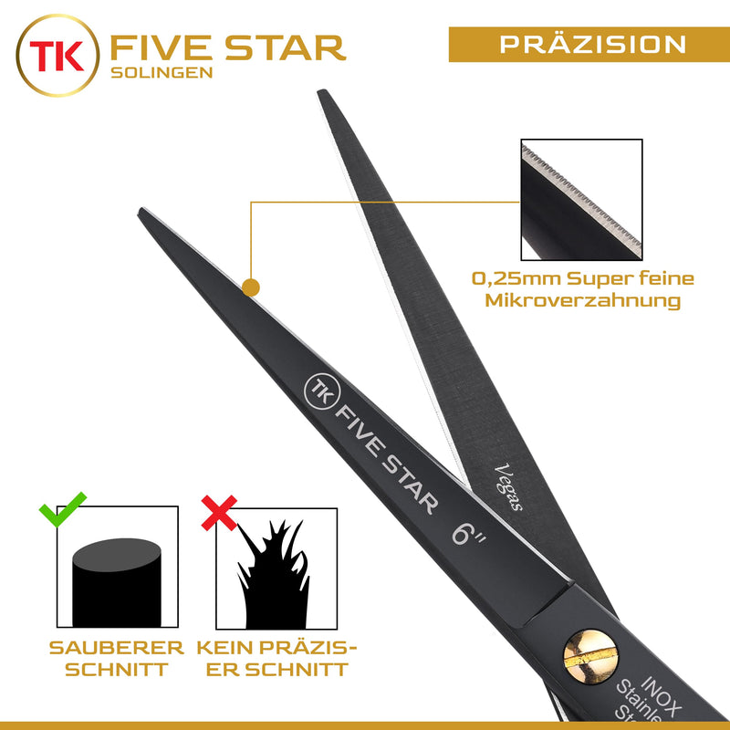 [Australia] - TK FIVE STAR SOLINGEN® Vegas Premium 6 inch extra sharp hairdressing scissors, hair scissors, beard scissors, hair cutting scissors for women, men, hairdressers and children for strong, fine hair, rustproof, micro-serrated 